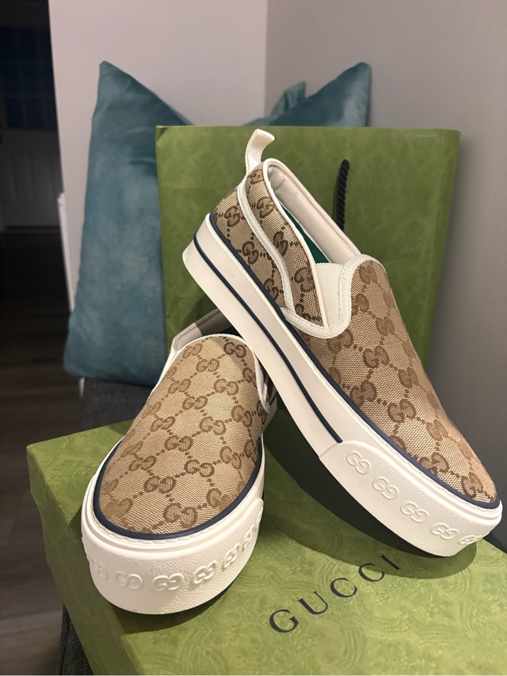 Gucci Beige GG Canvas Slip-On Platform Sneakers